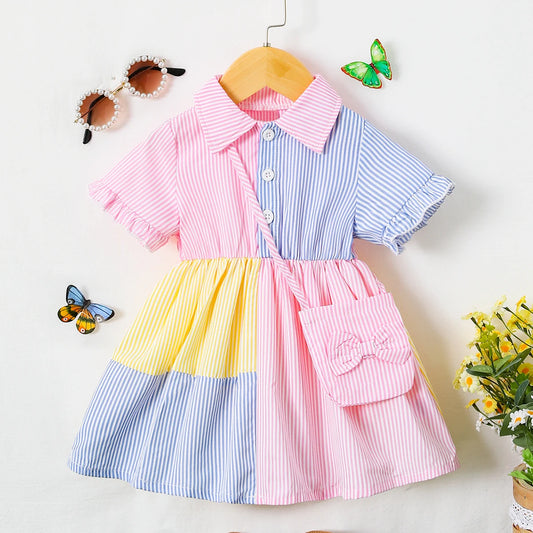 Girls Flared Sleeve Dress with Bag